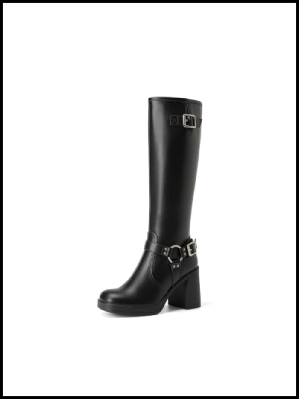 Platform Chunky Knee High Moto Boots Faux Leather Buckle Square Toe